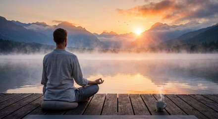 Fototapeta premium Man meditating in lotus position on a wooden dock by a misty mountain lake at sunrise
