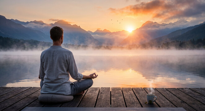 Man meditating in lotus position on a wooden dock by a misty mountain lake at sunrise