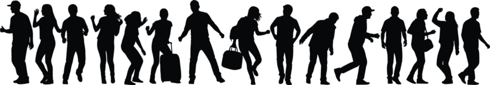 Dynamic crowd silhouettes, people walking dancing posing urban lifestyle movement illustration isolated black figures set