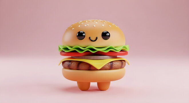 Adorable Cartoon Cheeseburger Illustration 3D Render for Kids