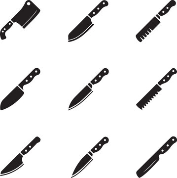 Assorted kitchen knives and cutting tools in black and white illustration