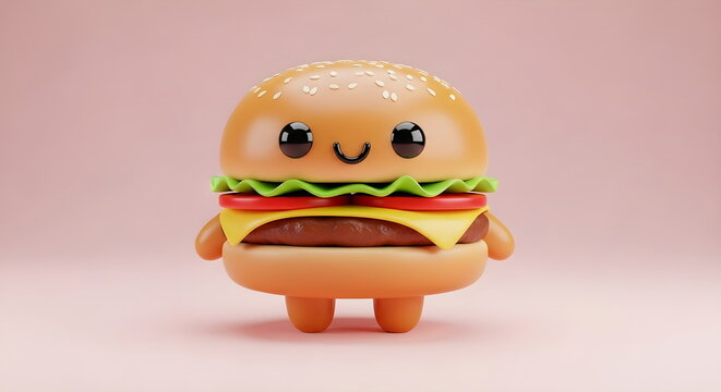 Cute 3D Kawaii Burger Character with Happy Face on Pink Background
