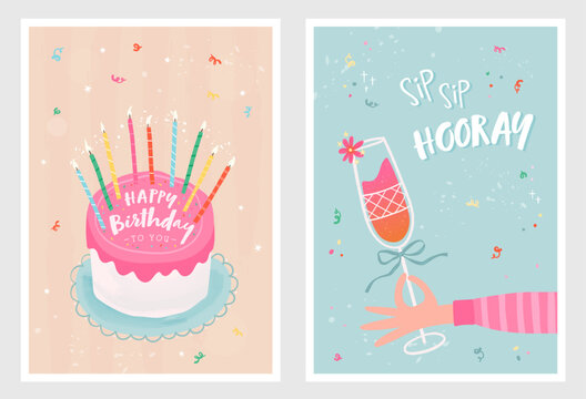 Set of birthday postcards with  confetti, cocktail, cake and hand writing. Invitations, happy birthday. Vector templates great for card, poster, flyer or banner