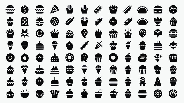 Set of 100 Black Food and Drink Icons Vector