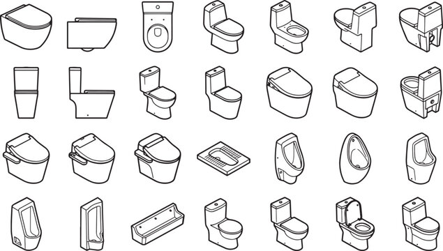 Variety of modern and diverse toilet and urinal fixtures, showcasing a range of designs and styles. This collection captures the essence of contemporary bathroom design and sanitation.