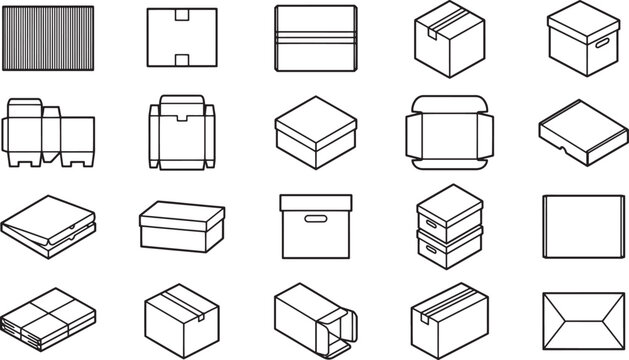 Different carton box type collection graphic design for delivery, packaging, and shipping, for commercial use.