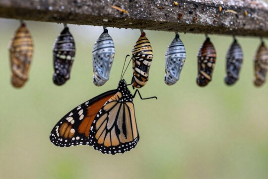Monarch butterfly emerges from its chrysalis, clinging to a row of empty chrysalis cases