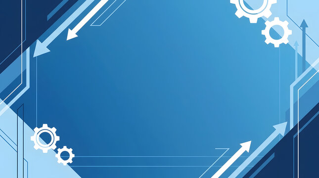 Abstract blue technology background banner with gears and arrows pointing up for business growth and industrial innovation concept with copy space