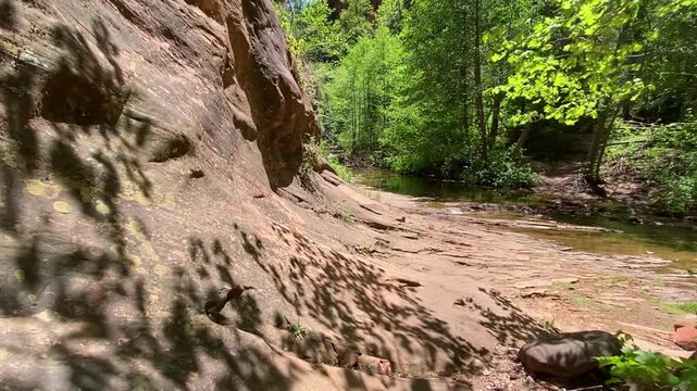 First-person view hiking along red sandstone cliffs and lush trees toward a sparkling mountain creek. Sunny day at West Fork Trail. Capturing the atmosphere of outdoor adventure and discovery.