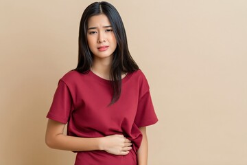 Obraz premium Young woman pressing stomach while standing against beige wall