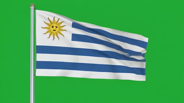 Waving Uruguayan flag on a pole with sun symbol and blue stripes