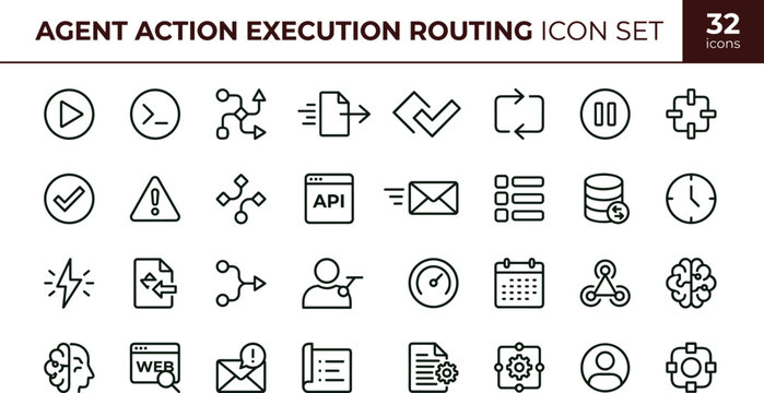 Agent action execution routing icon set illustrating automation workflow processing validation scheduling integration artificial intelligence system outline vector symbols