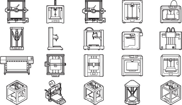 Collection of 3D printers, diverse angles, showcasing innovation and the future of creation. These are artistic design with great details.