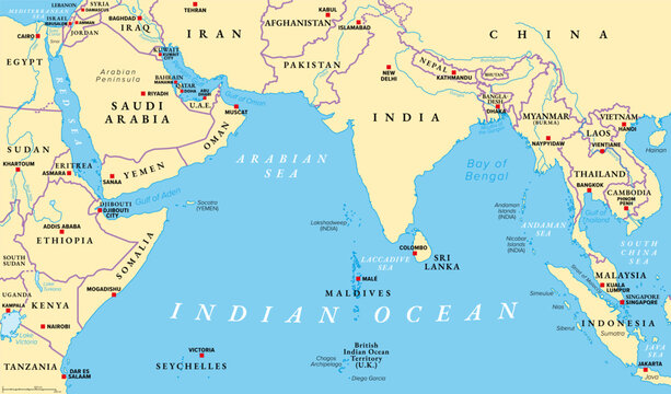 North Indian Ocean, NIO, political map with countries, international borders and capitals. Tropical marine region, comprising the Arabian Sea to the west of India and Bay of Bengal to the east. Vector