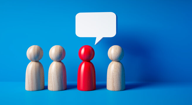 Wooden figurines in a row with speech bubble above, one red figure stands out as leader or speaker on blue background - 3D illustration