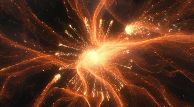 This image captures a mesmerizing moment of an orange energy explosion in a dark space, characterized by dynamic light trails radiating from a central glowing point. The scene is ideal for use in tech