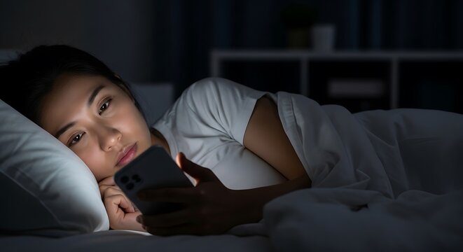 Young woman lies awake in dark bedroom looking intently at glowing portable electronic device