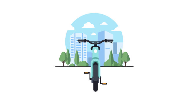 Electric bicycle in front of city skyline with green trees