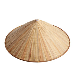 Obraz premium Tan conical hat woven with bamboo and straw against a white background shot at eye level