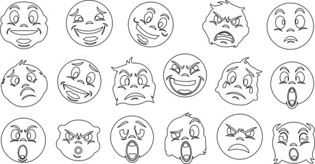 Cartoon Face Emoji Line Art Icons with Diverse Expressions © Vector 4 You