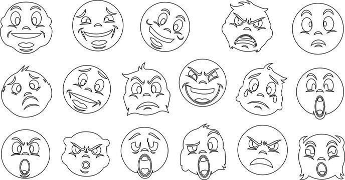 Cartoon Face Emoji Line Art Icons with Diverse Expressions