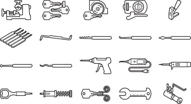A detailed graphic featuring a collection of locksmith tools, meticulously illustrating various instruments used for key-making and lock manipulation, showcasing precision and craftsmanship.