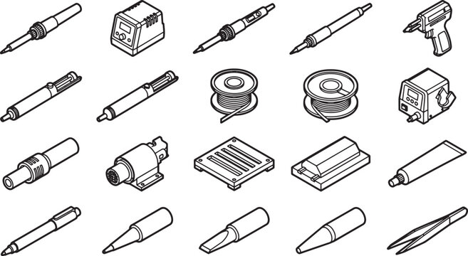 A collection of tools for soldering, with many different devices.
