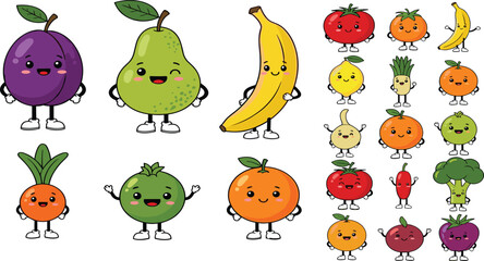 Obraz premium Cute Kawaii Fruit and Vegetable Cartoon Character Set Featuring Happy Smiling Banana Pear Plum Tomato Broccoli and Carrot Vector Illustrations for Healthy Food Design