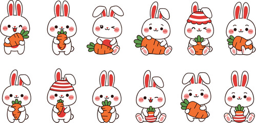 Obraz premium Cute Bunny Icon Set with Carrots, Holiday Outfits, and Kawaii Characters for Easter and Spring Design