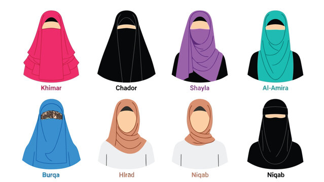 Various types of traditional islamic head and face coverings for women Vector