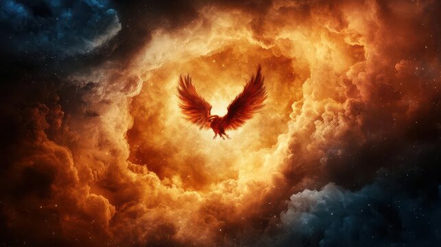 Cosmic phoenix rising from spiral galaxy center, rebirth in space symbolism