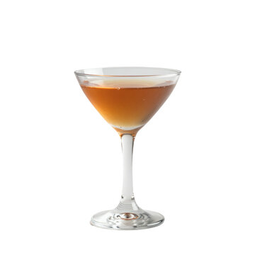 Brown alcoholic drink is served in a stemmed glass on an isolated white background