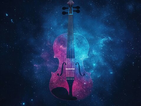 Galaxy shaped like a violin emitting sound waves, music and universe symbolism