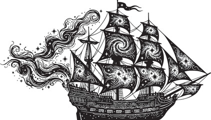 Ancient sailing galleon ship with nebula clouds as sails silhouette © Jaber