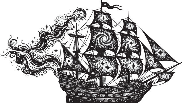 Ancient sailing galleon ship with nebula clouds as sails silhouette