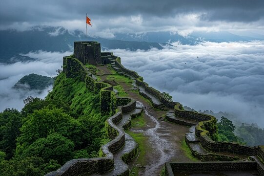 Cloud inversion during monsoon at Pratapgad fort - UNESCO World Heritage Site, Mahabaleshwar, Maharashtra	