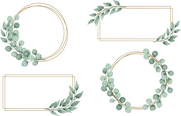 Elegant gold geometric frames with eucalyptus leaves greenery botanical wreath and borders wedding invitation vector collection isolated © Danial