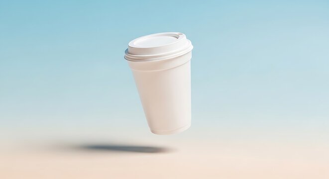 Levitating white disposable coffee cup with lid against a soft gradient sky background, clean product shot. styrofoam coffee cup