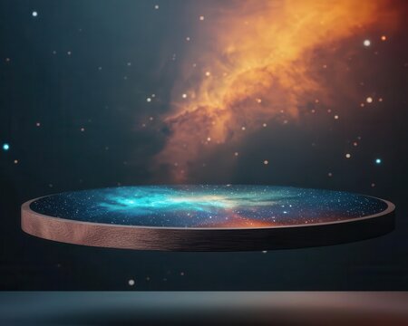 Surreal floating mirror reflecting entire galaxy, alternate dimension concept