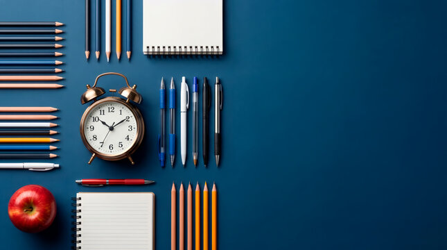 Various colored pencils and pens are neatly arranged on a blue surface. A clock shows the time. Two notebooks and a red apple are also included in the setup