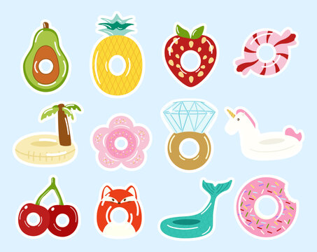 Summer inflatable swim rings sticker set, fruit and animal pool floats collection, beach water toys