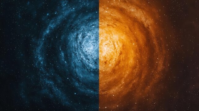 Split galaxy with dual contrasting color tones, duality in universe concept