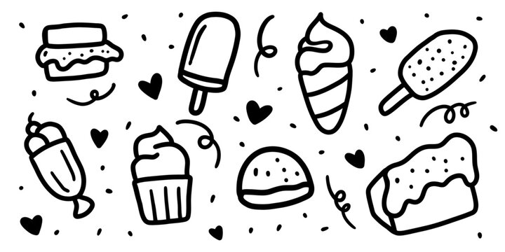 Hand drawn food doodle seamless pattern featuring snacks, desserts and fast-food elements in outline style