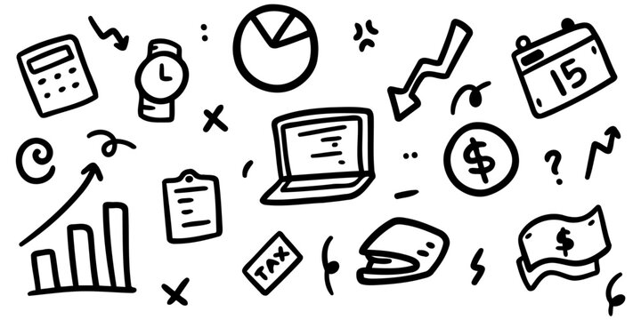 Hand drawn business doodle seamless pattern with finance, chart, money and office elements in outline style