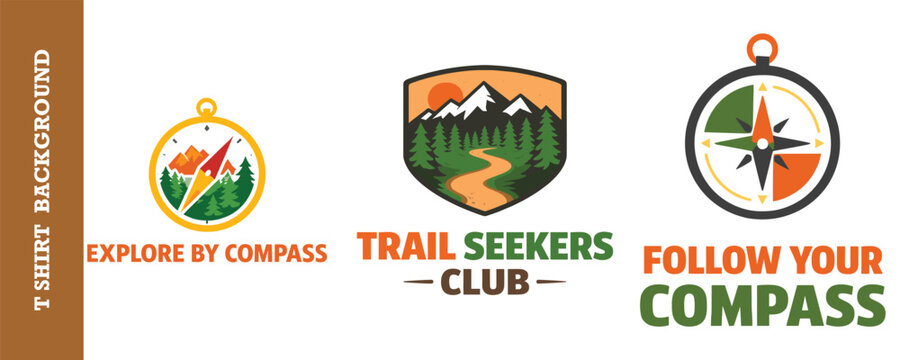 Outdoor hiking and mountain trail compass badge collection for nature adventure projects.