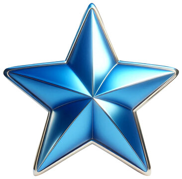 A metallic blue shiny star twisted slightly in the center, dynamic 3D cartoon style
