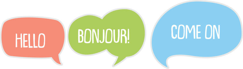 Colorful speech bubbles displaying hello greetings in different languages © Hridoy