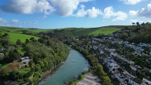 Kingswear, Devon, England: DRONE VIEWS: Waterhead Creek looking towards Jubilee Park at the end of the Creek; Kingswear village houses overlook the Creek. Devon is a popular UK holiday destination.