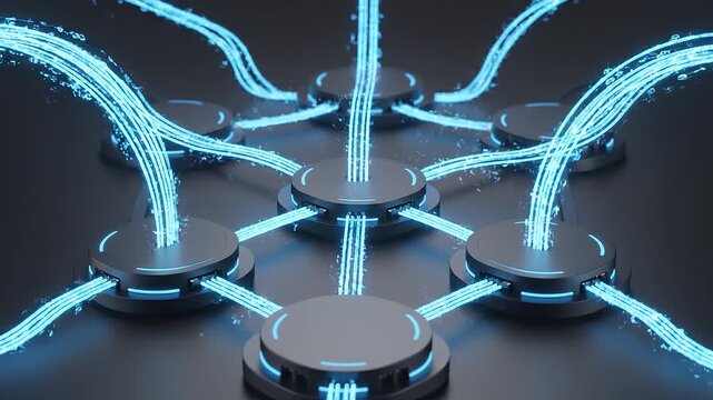 Abstract digital network with glowing blue data streams connecting multiple nodes, symbolizing high-speed information flow and connectivity.