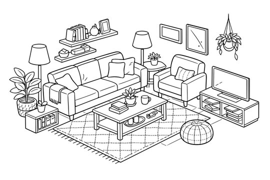 Hand-drawn isometric line art of a modern living room interior featuring a cozy sofa, armchair, coffee table, TV stand, indoor plants, and home decor elements for coloring or design projects.